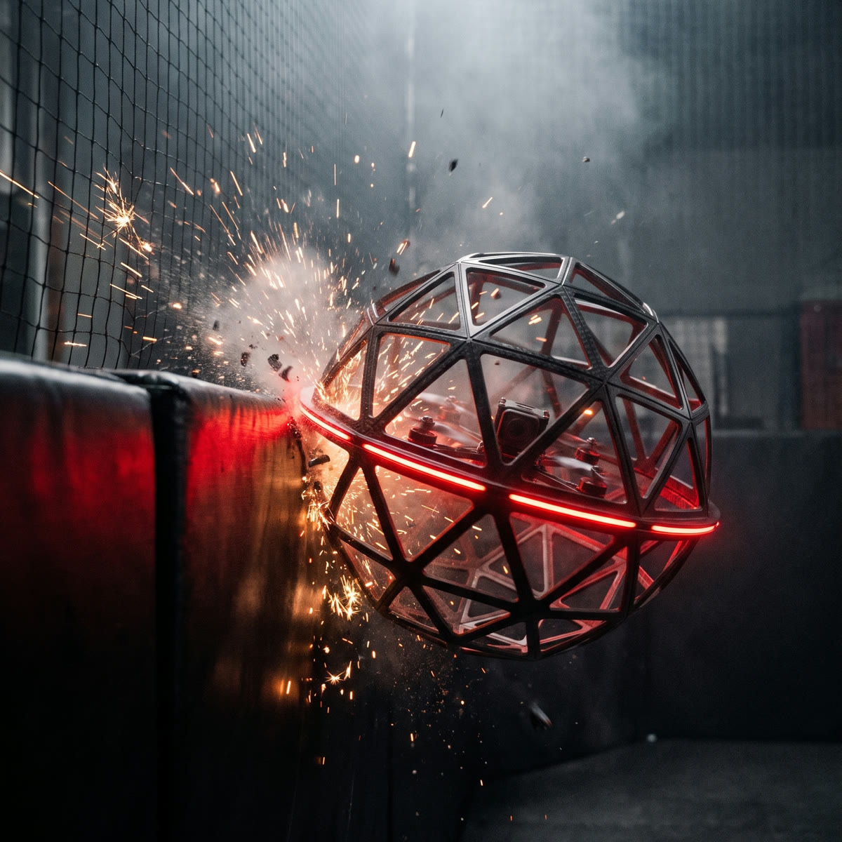 Striker C-01 caged drone hovering in a dark studio